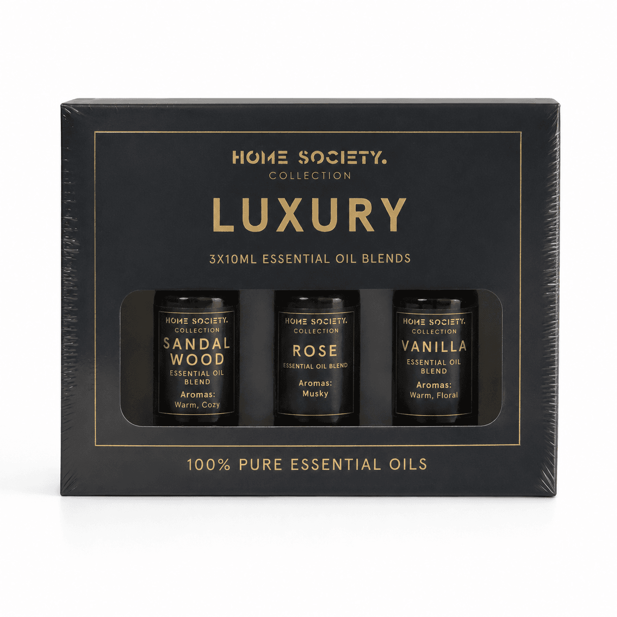 Home Society Luxury etherische olie set 3x10ml met sandalwood, rose en vanilla in zwart-gouden giftbox