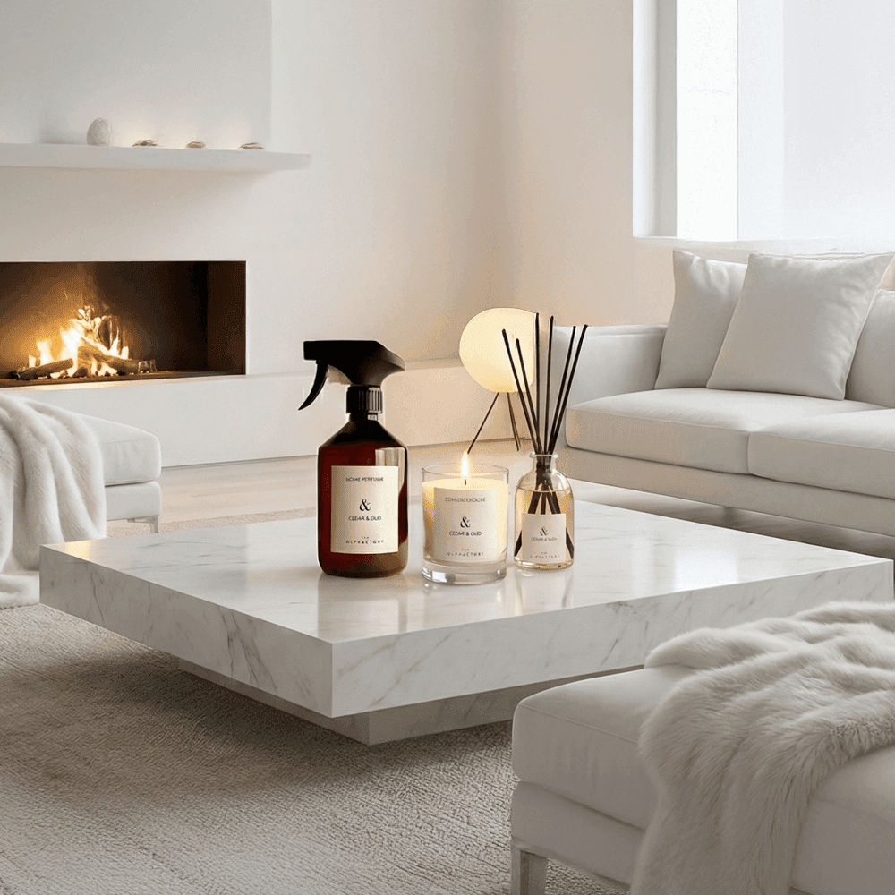 Cedar & Oud The Ophactory geschenkset — geurstokjes 100ml, interieurspray 500ml en geurkaars 200g (The Olphactory)