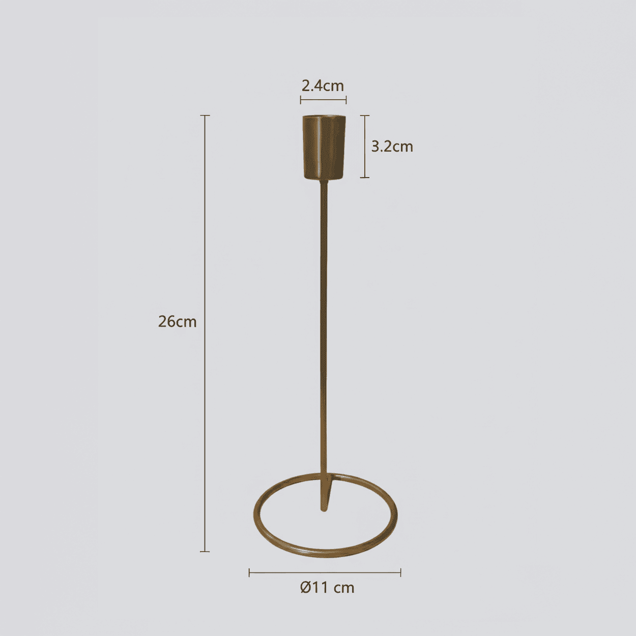 Mat gouden kandelaar — metalen kaarsenhouder 26 cm, voet Ø11 cm, geschikt voor taper/dinerkaarsen Ø2,10 cm