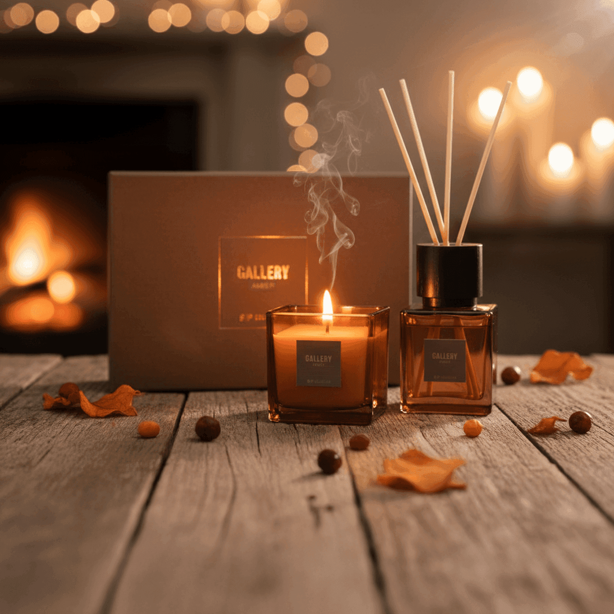 SP Collection Geschenkset “Amber Gallery” — 2-delig: geurkaars (90 g) + geurstokjes (90 ml) in amberzwart glas met metalen accenten — geur: Kasjmier Vanille.