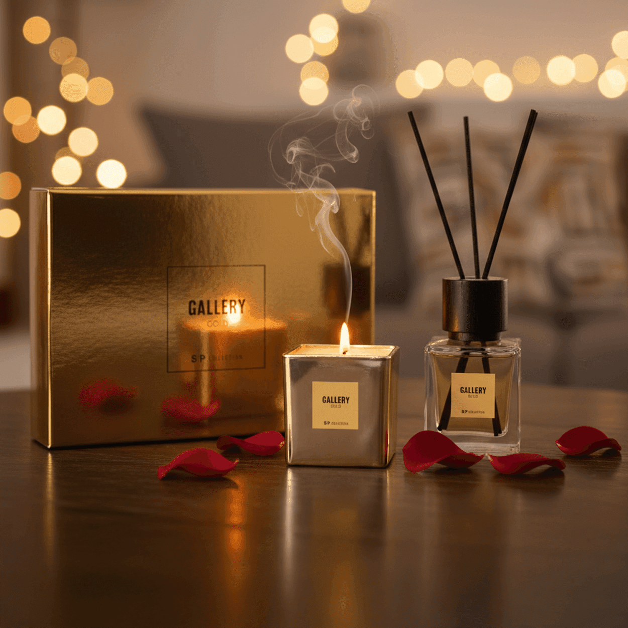 SP Collection Geschenkset “Gold Gallery” — 2-delig: geurkaars (90 g) + geurstokjes (90 ml), goudzwart metalen design, geur Kasjmier Vanille.