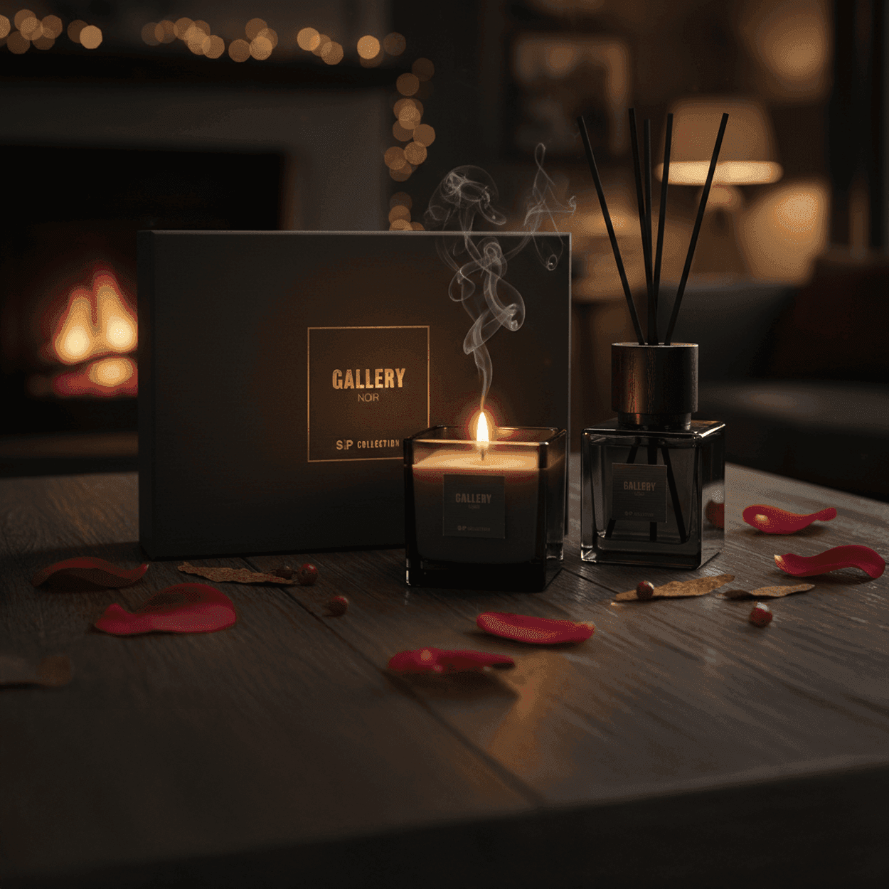 SP Collection Geschenkset “Noir Gallery” — 2-delig (geurkaars + geurstokjes) in zwart/goud cadeau-design, geur: Tabak Vanille.